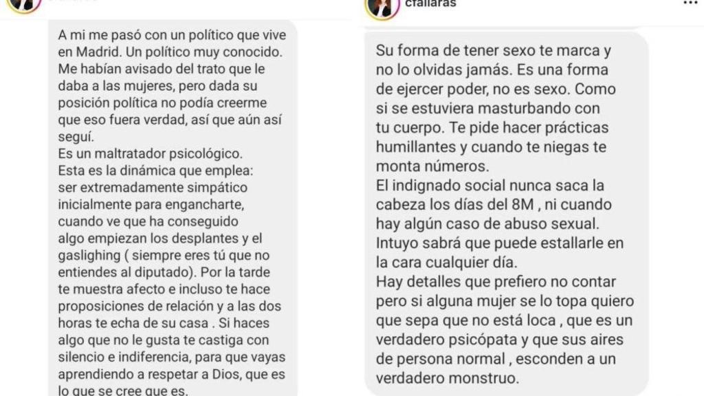 Mensajes publicados en la cuenta de Instagram de Cristina Fallarás sobre Errejón.