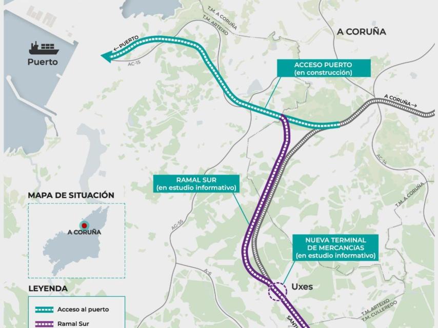 Mapa con el trazado del ramal sur a Langosteira y la nueva terminal de mercancías.