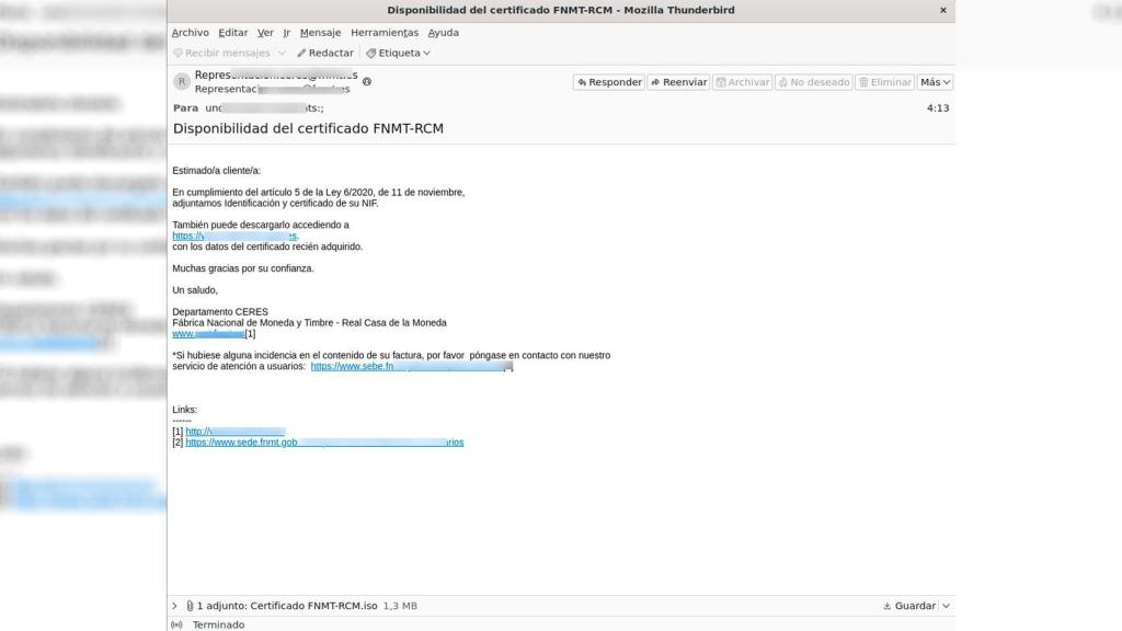 El correo enviado por los ciberdelincuentes