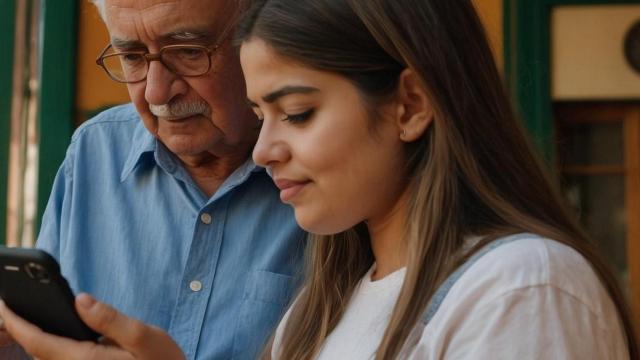 Dos familiares observan un teléfono móvil.