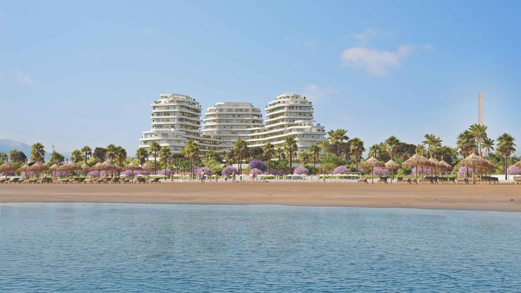 Infografía de la futura promoción residencial Térmica Beach desde el mar.