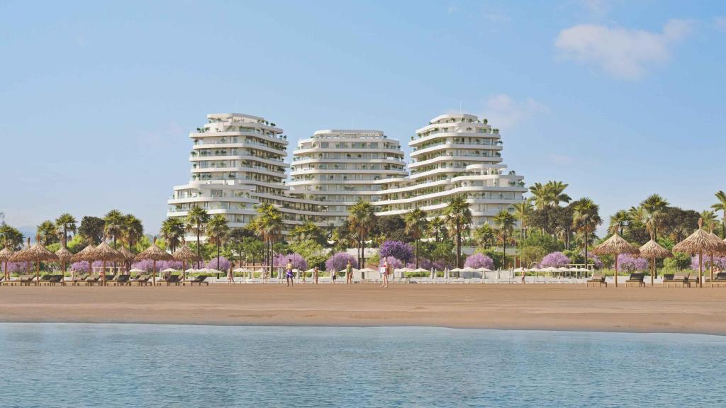 Infografía de la futura promoción residencial Térmica Beach desde el mar.