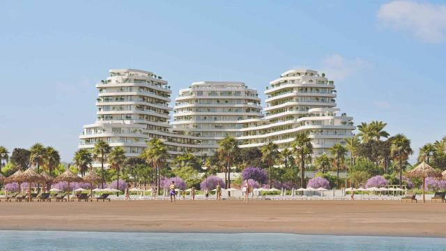 Infografía de la futura promoción residencial Térmica Beach desde el mar.