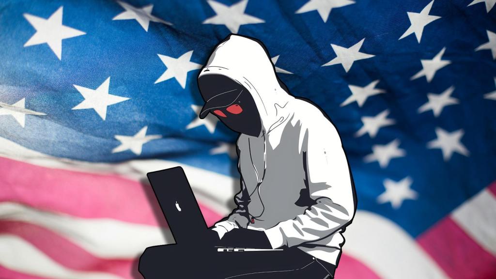 Montaje de la bandera de Estados Unidos y un hacker.