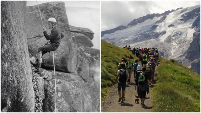 Fernando R. Gil rapelando en el Petón do Xalo en 1970 (izq.);  y senderismo en Dolomitas (dcha.)