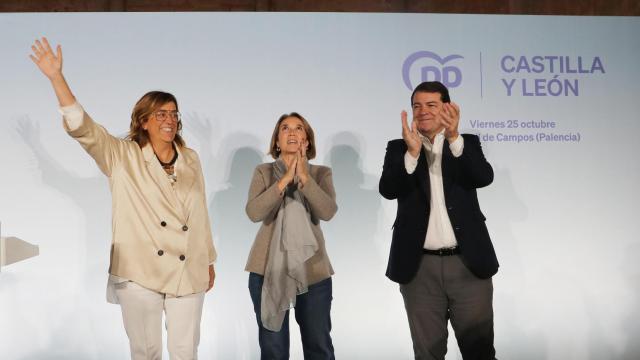 La secretaria general del Partido Popular, Cuca Gamarra ; y el presidente del PP de Castilla y León, Alfonso Fernández Mañueco, intervienen en Becerril de Campos(Palencia), junto a la presidenta del partido en Palencia, Ángeles Armisén, en un acto sobre conciliación