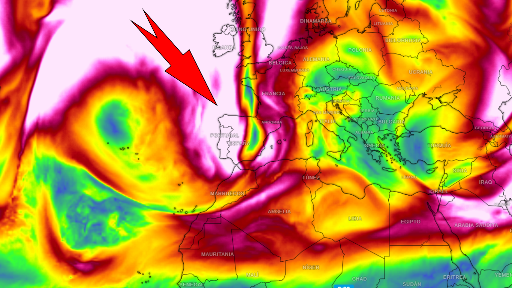 La vaguada que provocará la formación de la DANA en el suroeste peninsular. Meteored.