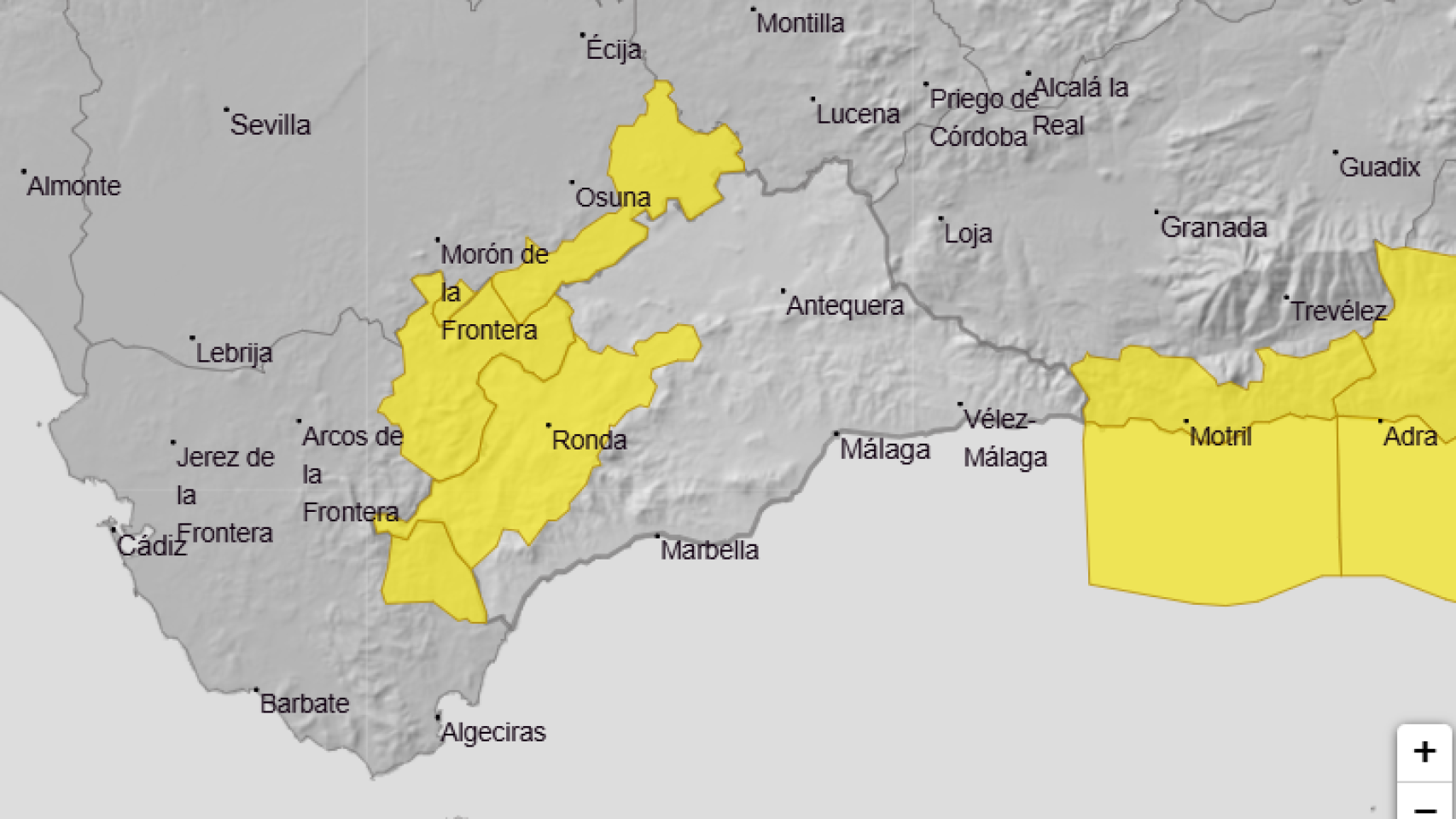 Mapa con la alerta amarilla por lluvias en la provincia de Málaga.