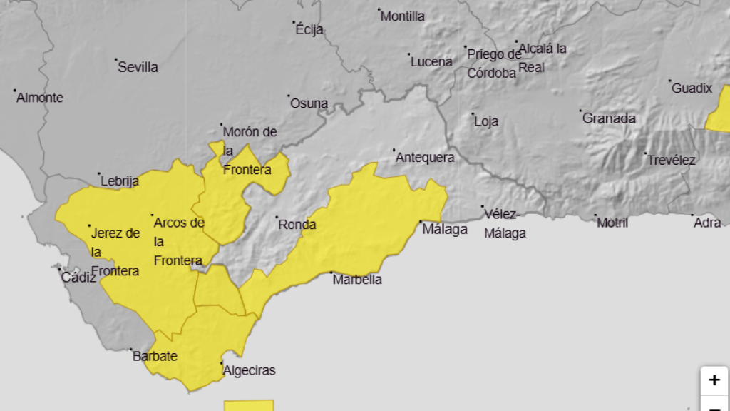 Imagen del aviso amarillo activado por la Aemet en la provincia de Málaga.