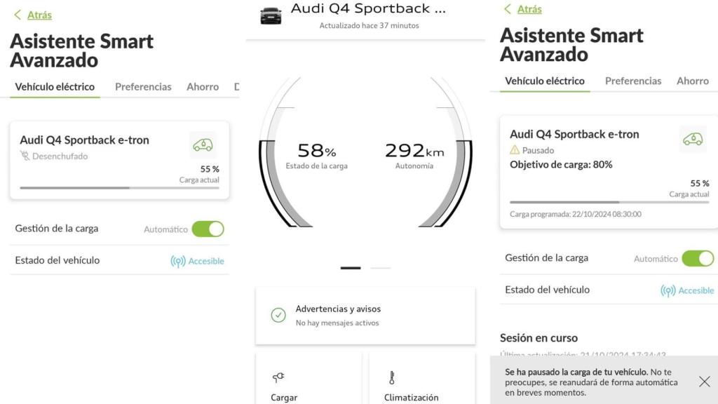 Diferentes pantallas en la aplicación de Iberdrola y de Audi.