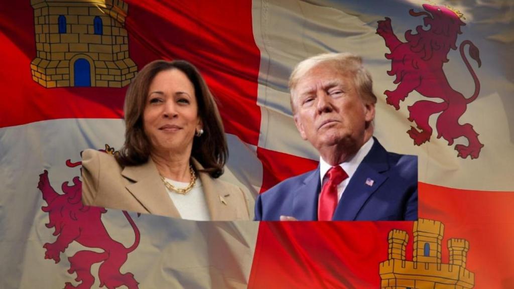 La candidata demócrata a las elecciones de Estados Unidos, Kamala Harris, y el candidato republicano, Donald Trump, con una bandera de Castilla y León de fondo, en un montaje de EL ESPAÑOL