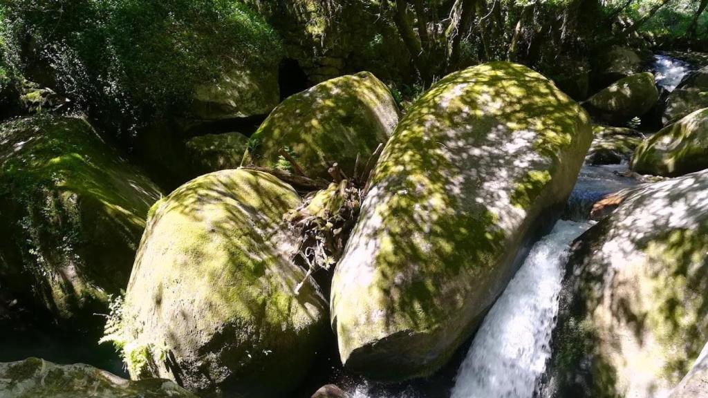 Molinos en ruinas y pequeña cascada en el río Miñor