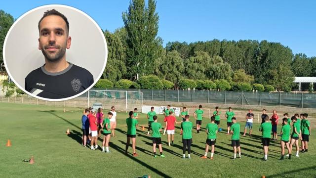 Uno de los entrenamientos del CD Villamuriel y, en el círculo, el capitán del equipo, Juan Castrillo