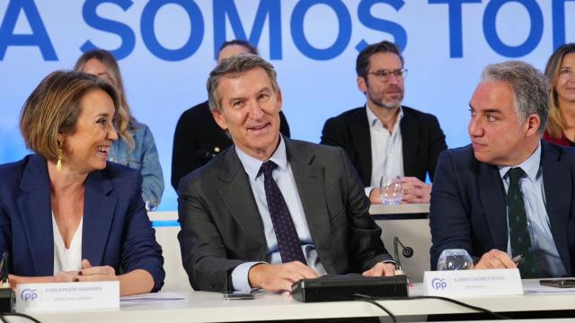 Alberto Núñez Feijóo, presidente del PP, entre Cuca Gamarra y Elías Bendodo, el Comité Ejecutivo Nacional.