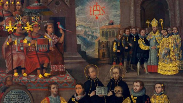 Anónimo cuzqueño. 'Matrimonios de Martín de Loyola con Beatriz Ñusta y de Juan de Borja con Lorenza Ñusta de Loyola'.