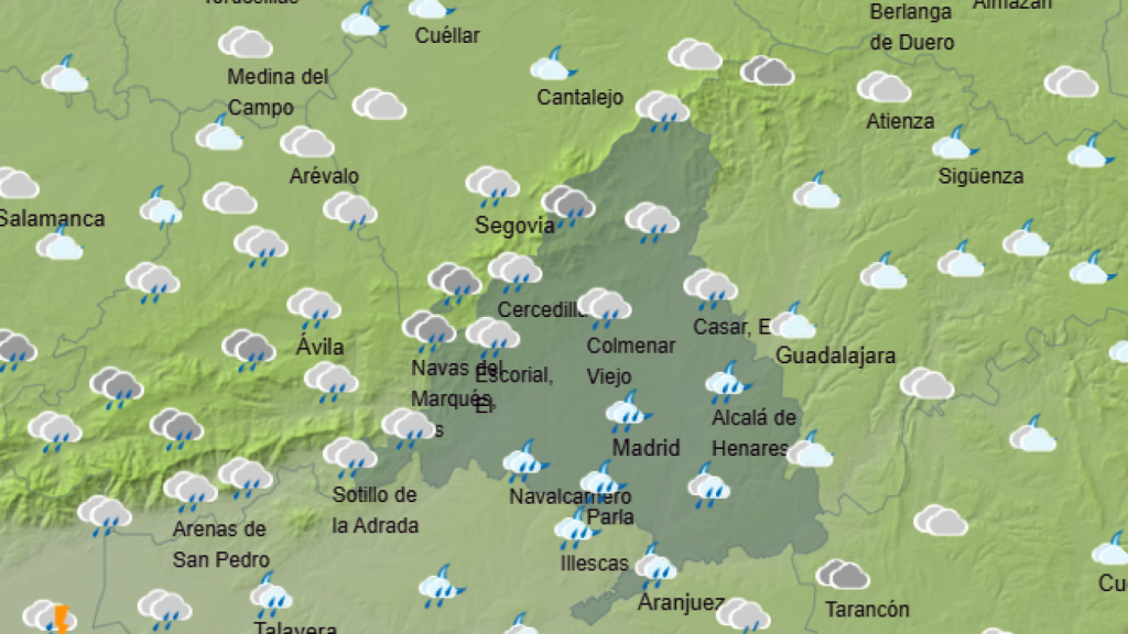 Mapa de la Comunidad de Madrid con lluvias.