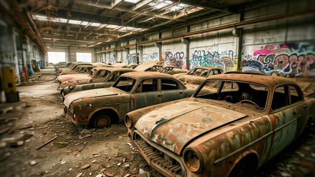 Recreación de una nave con coches abandonados.