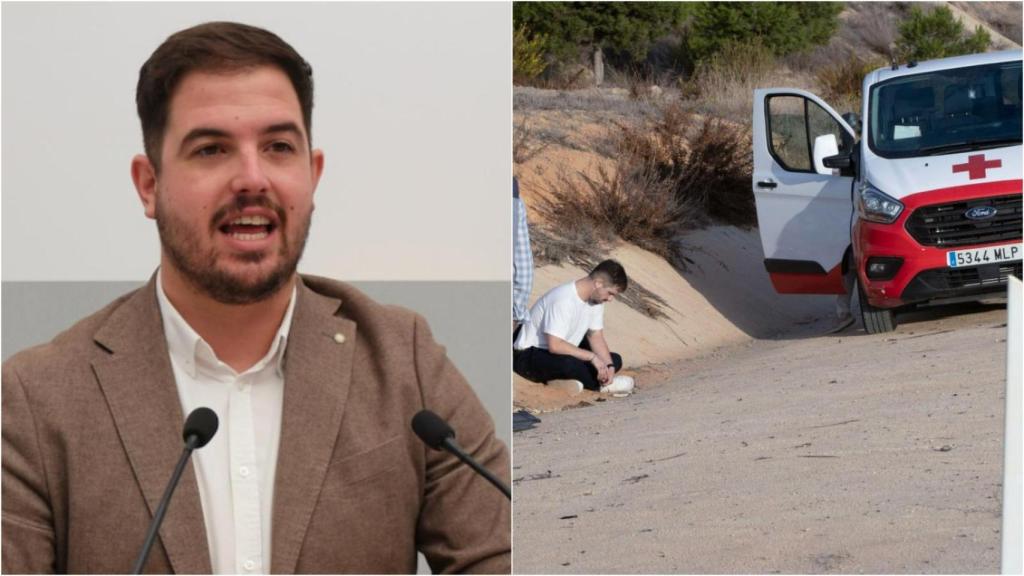 El diputado Miguel Ortega (PSOE), junto a una imagen suya, en la autovía A-30, el pasado martes, tras sobrevivir a una colisión frontal con un kamikaze.