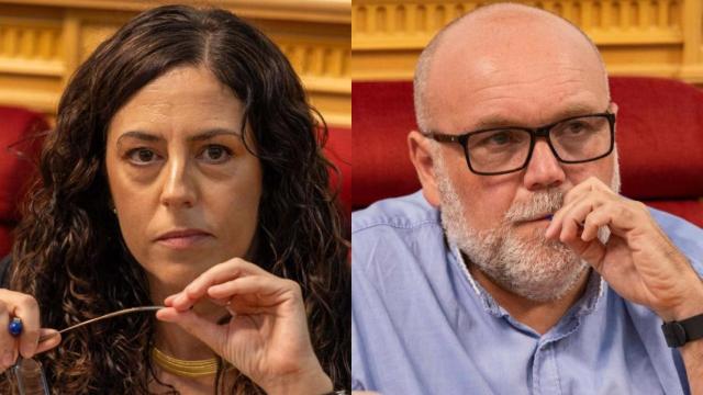 Noelia de la Cruz y Txema Fernández, portavoces municipales del PSOE y de Izquierda Unida-Podemos en el Ayuntamiento de Toledo.