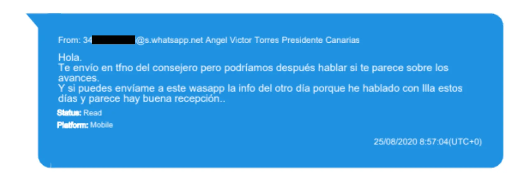 El 'wasap' del ministro Torres al empresario y socio de Aldama Ignacio Díaz Tapia.