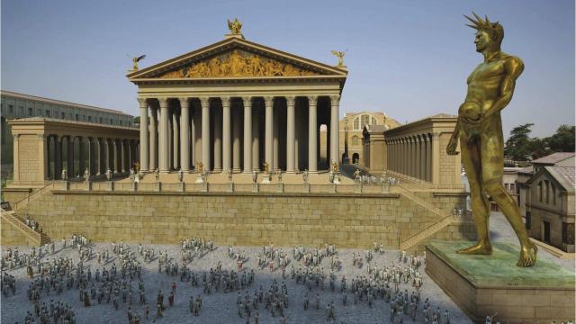 reconstrucción del templo de Venus y Roma con el Coloso de Nerón reubicado a la derecha.