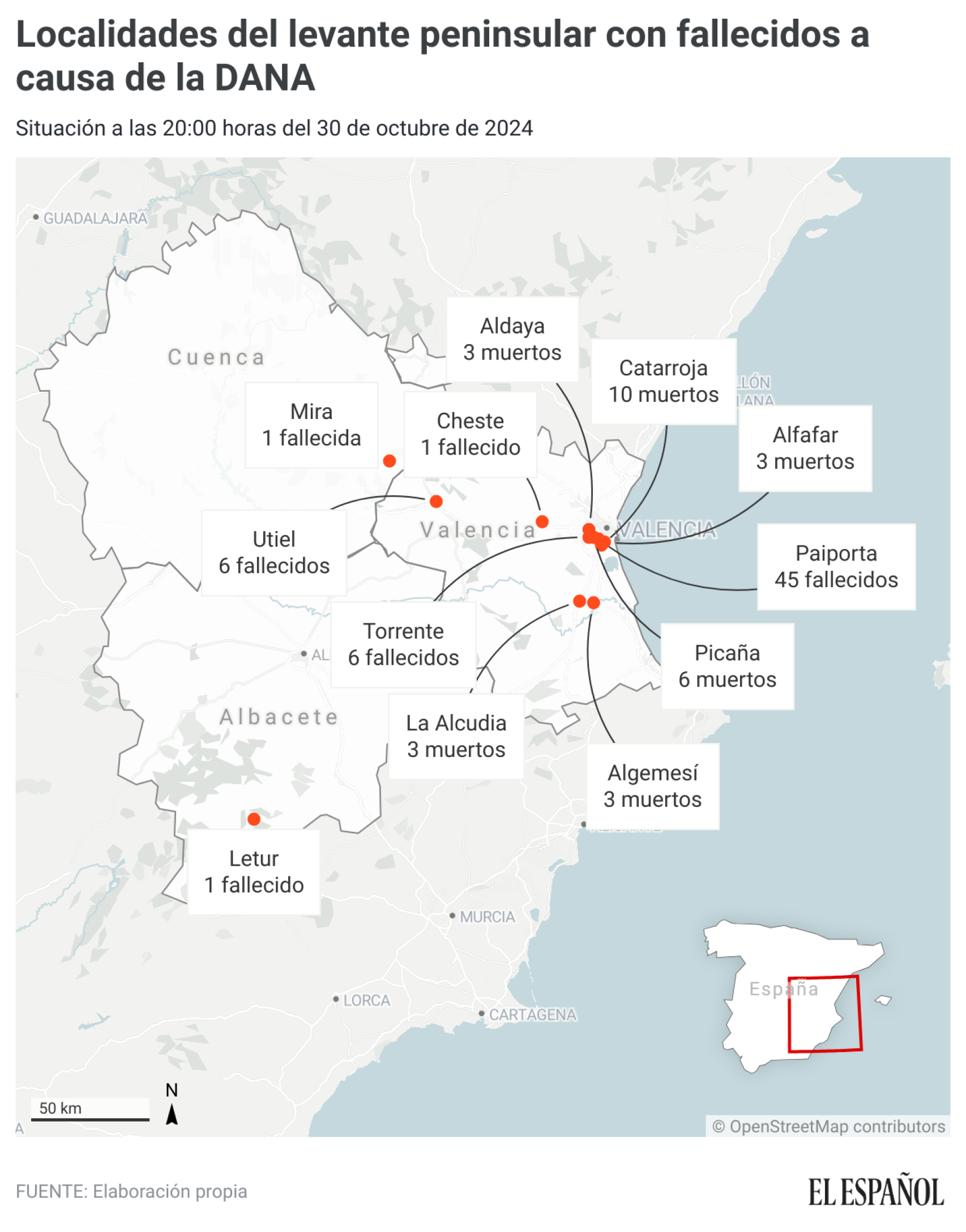 Localidades del levante peninsular con fallecidos a causa de la DANA.