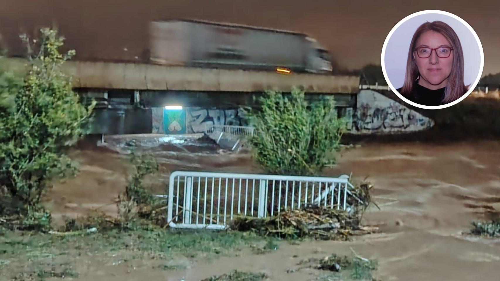 La tromba de agua ha sepultado el puente del camino que une Picassent con Alcácer y, en el círculo, la vallisoletana Isabel Martín