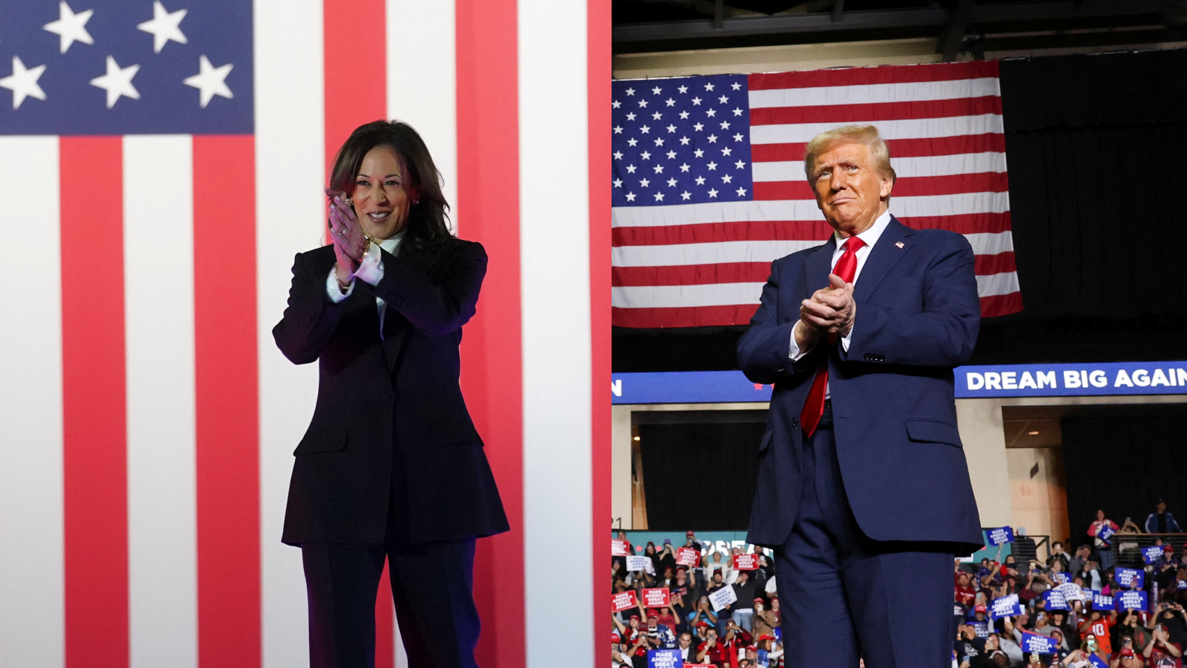 Kamala Harris y Donald Trump en dos mítines electorales.