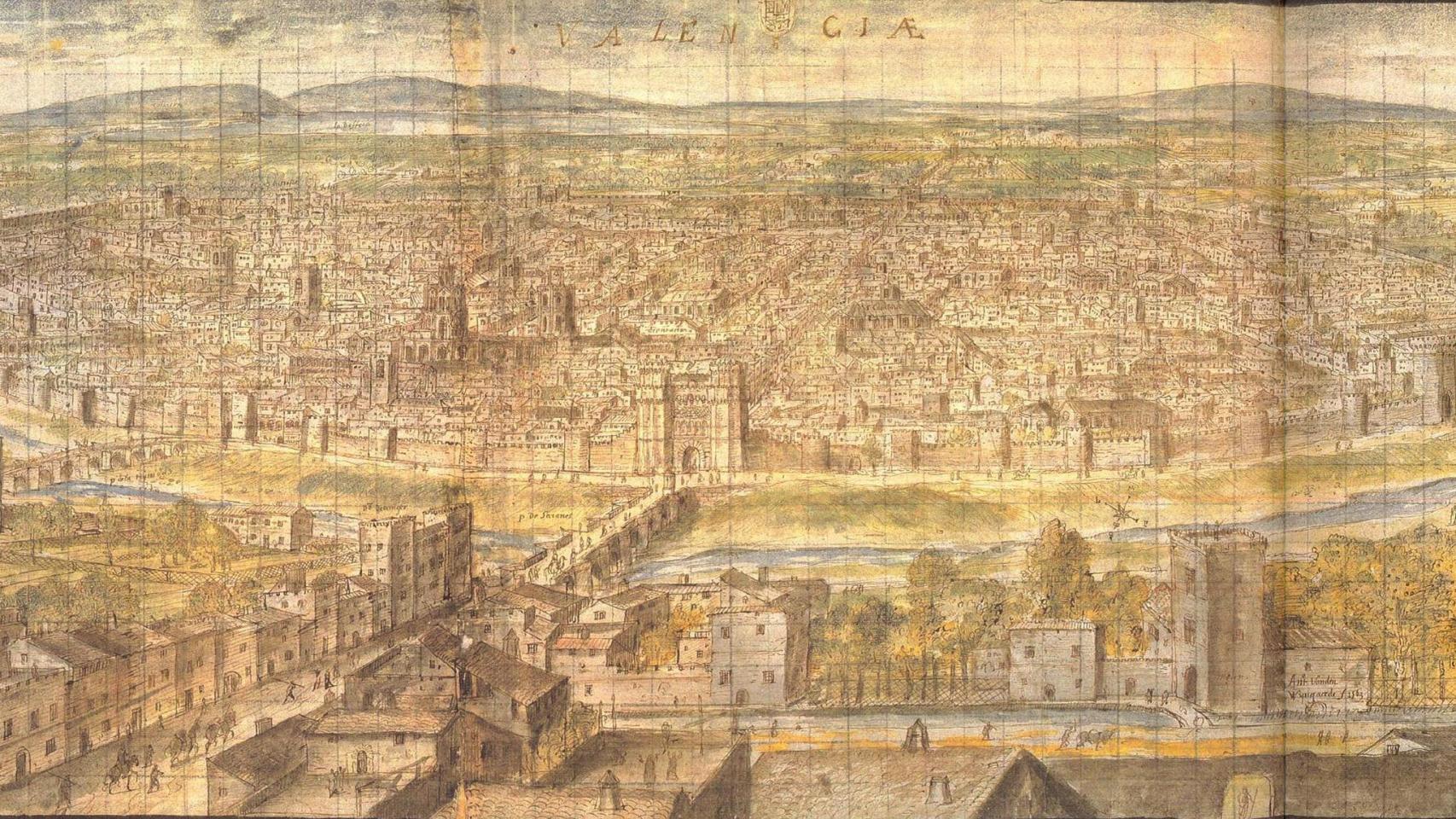 Vista de la ciudad de Valencia en el año 1563. Dibujo de Anton van der Wyngaerde.