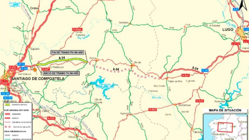 Mapa con el trayecto de la A-54 entre Lugo y Santiago con tramos en obra indicados.