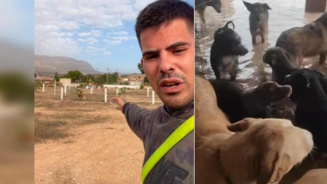 Antón en su refugio y perros durante la DANA.