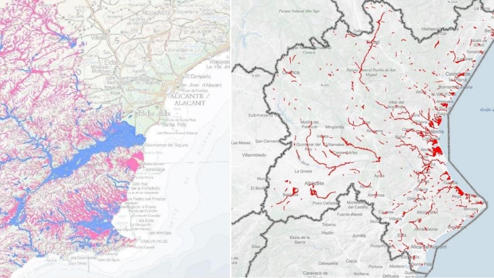 Mapa de riesgos de inundaciones de las confederaciones del Segura y el Júcar.