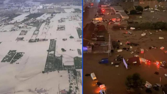 Inundaciones en 2019 en la Vega Baja de Alicante (izquierda) y en 2024 en Valencia (derecha).