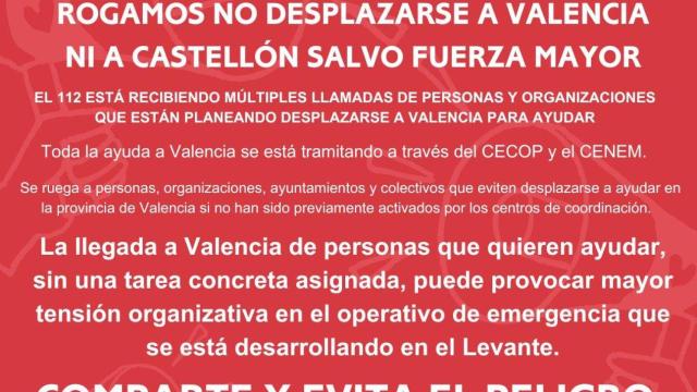 Toda la ayuda a Valencia se está tramitando a través de los medios oficiales y los centros de coordinación de emergencias