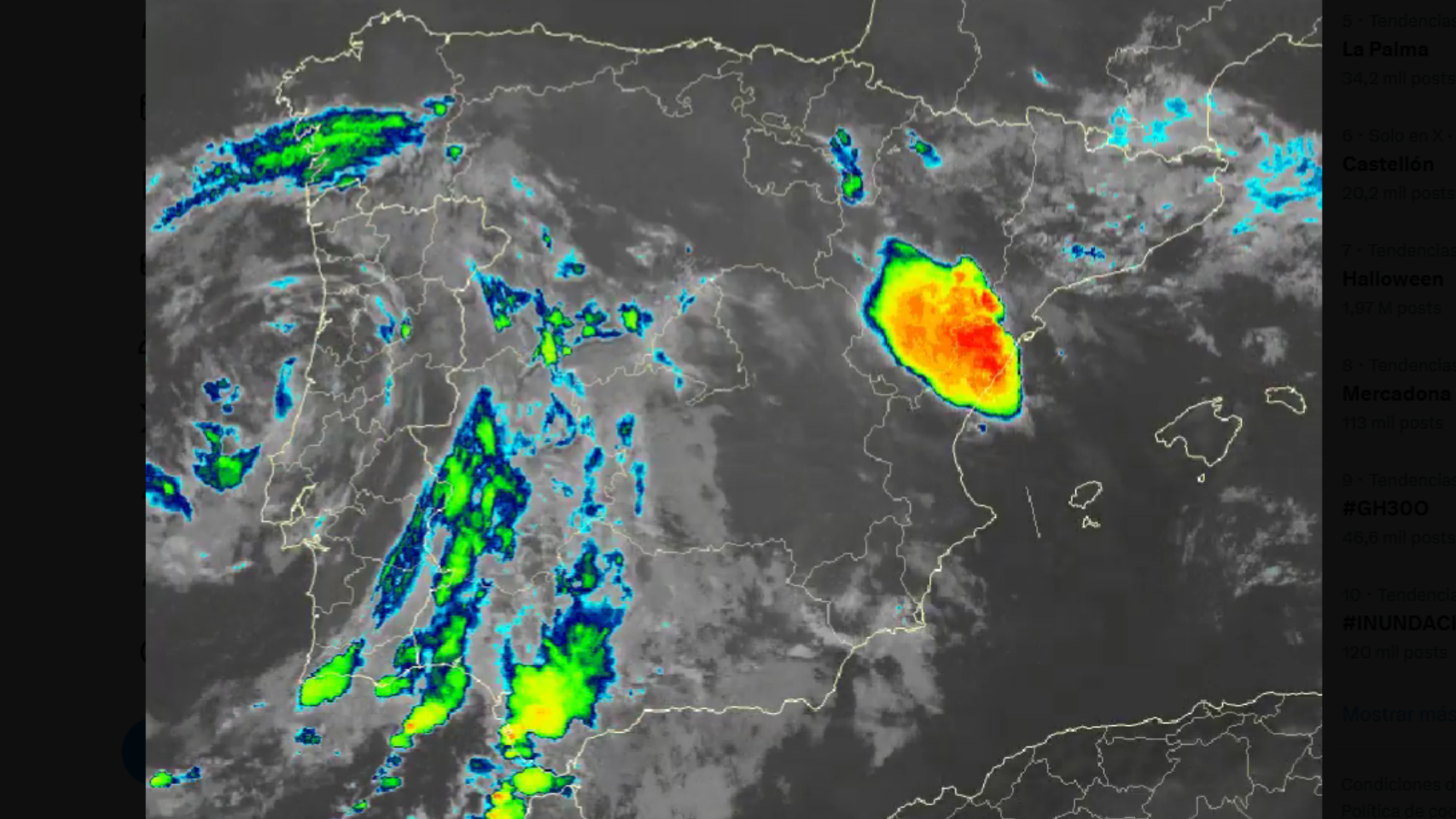 La imagen del núcleo convectivo anclado sobre el noreste peninsular. Méteociel.