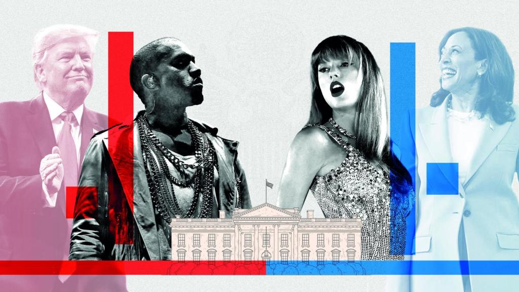 Donald Trump, Kanye West, Taylor Swift y Kamala Harris. Imagen: Rubén Vique