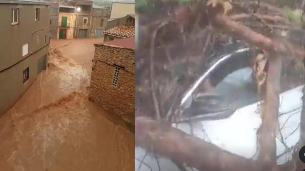 La DANA irrumpiendo por las calles de Tirig en Castellón, junto a la imagen de un conductor atrapado dentro de su coche en Nules, a raíz de la caída de un árbol.