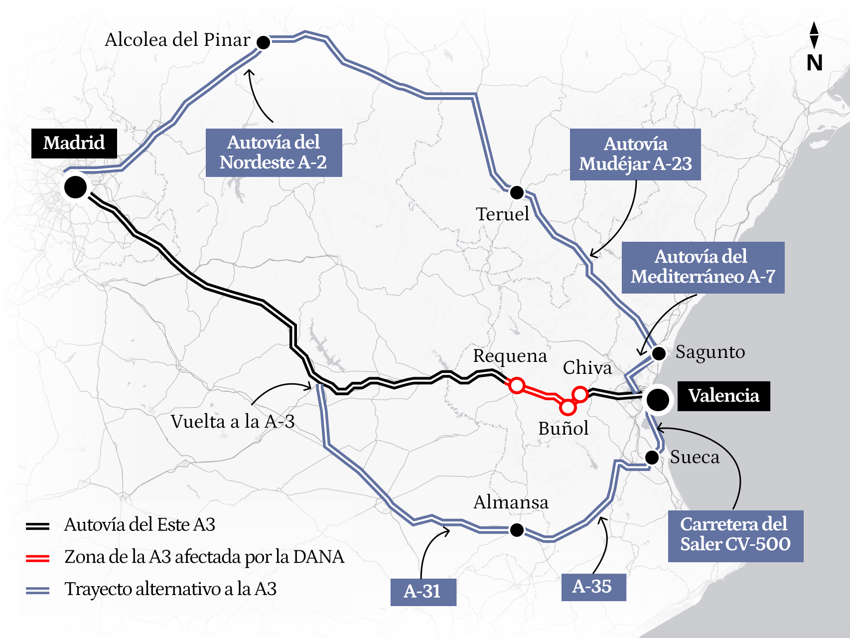 Infografía de la ruta alternativa a la A-3 de Valencia.