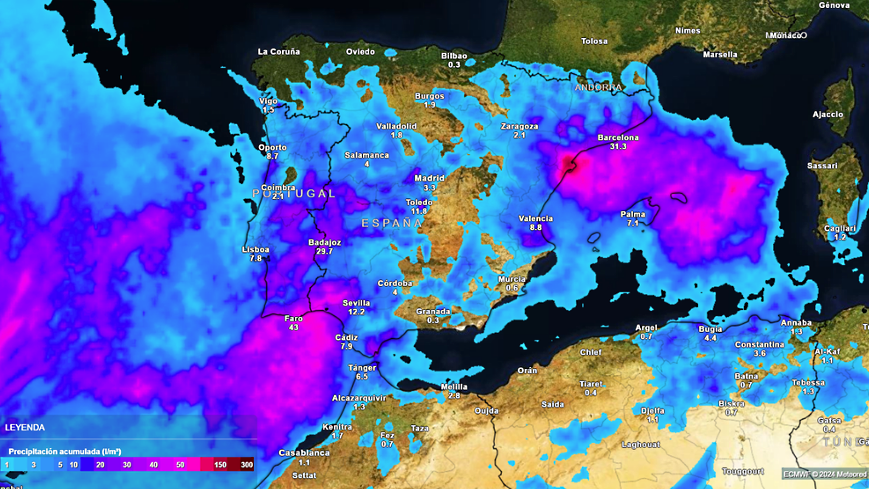 Las precipitaciones acumuladas hasta el domingo. Meteored.