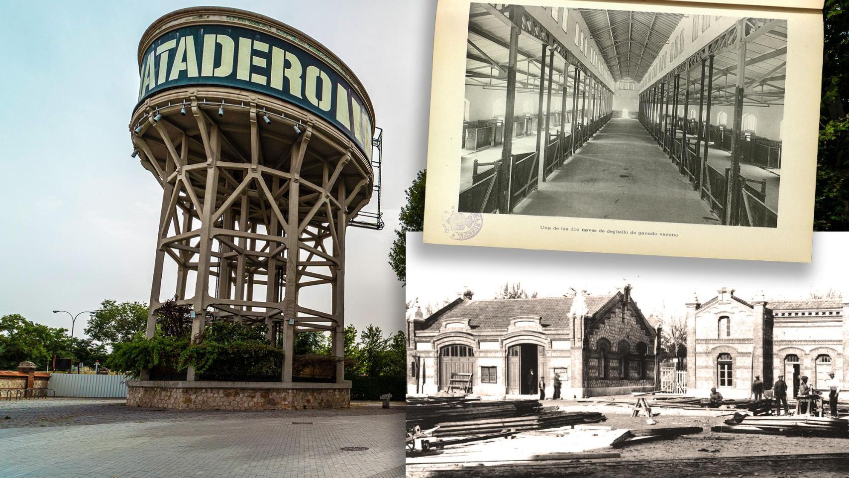 A la izquierda, vista actual del depósito que da la bienvenida a Matadero Madrid (foto: Diego Simón). A la derecha, fotos del antiguo matadero tomadas en 1916 y 1924