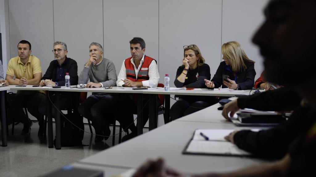 El presidente de la Generalitat, Carlos Mazón, junto al ministro y la delegada del Gobierno, este sábado.