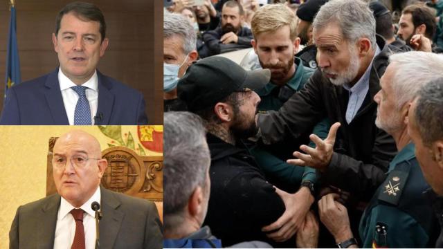 El presidente de la Junta, Alfonso Fernández Mañueco; y el alcalde de Valladolid, Jesús Julio Carnero, junto a una foto del Rey Felipe VI en Valencia