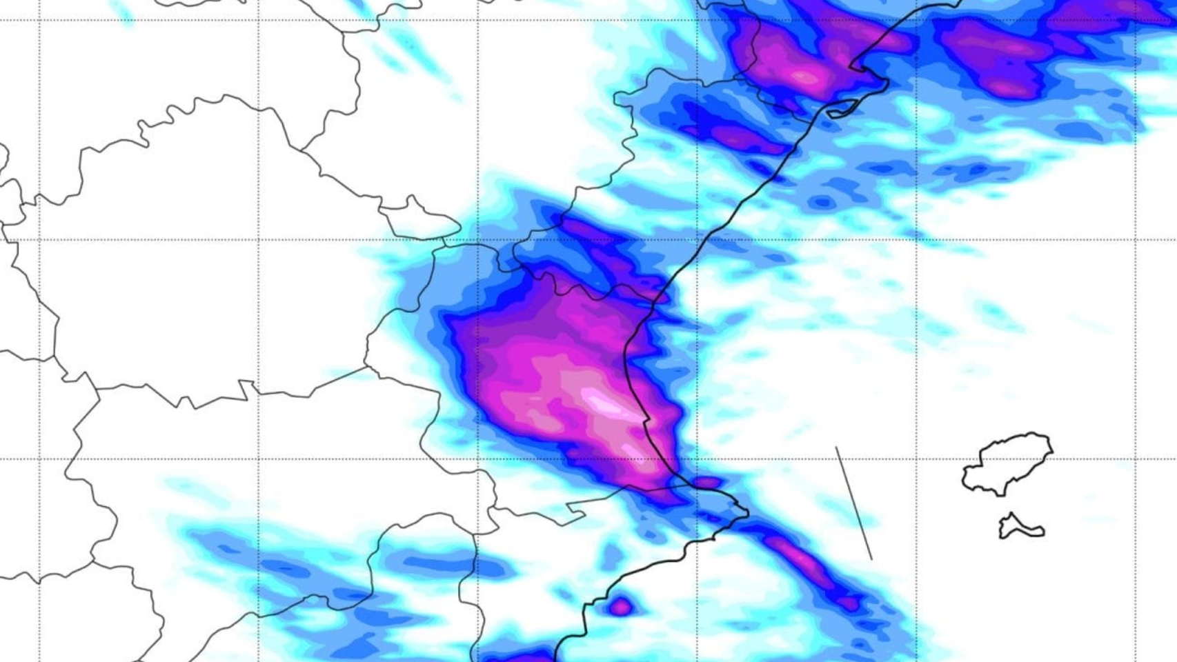 Predicción del modelo AROME de acumulados en Valencia entre el domingo y el lunes. ElTiempo.es.