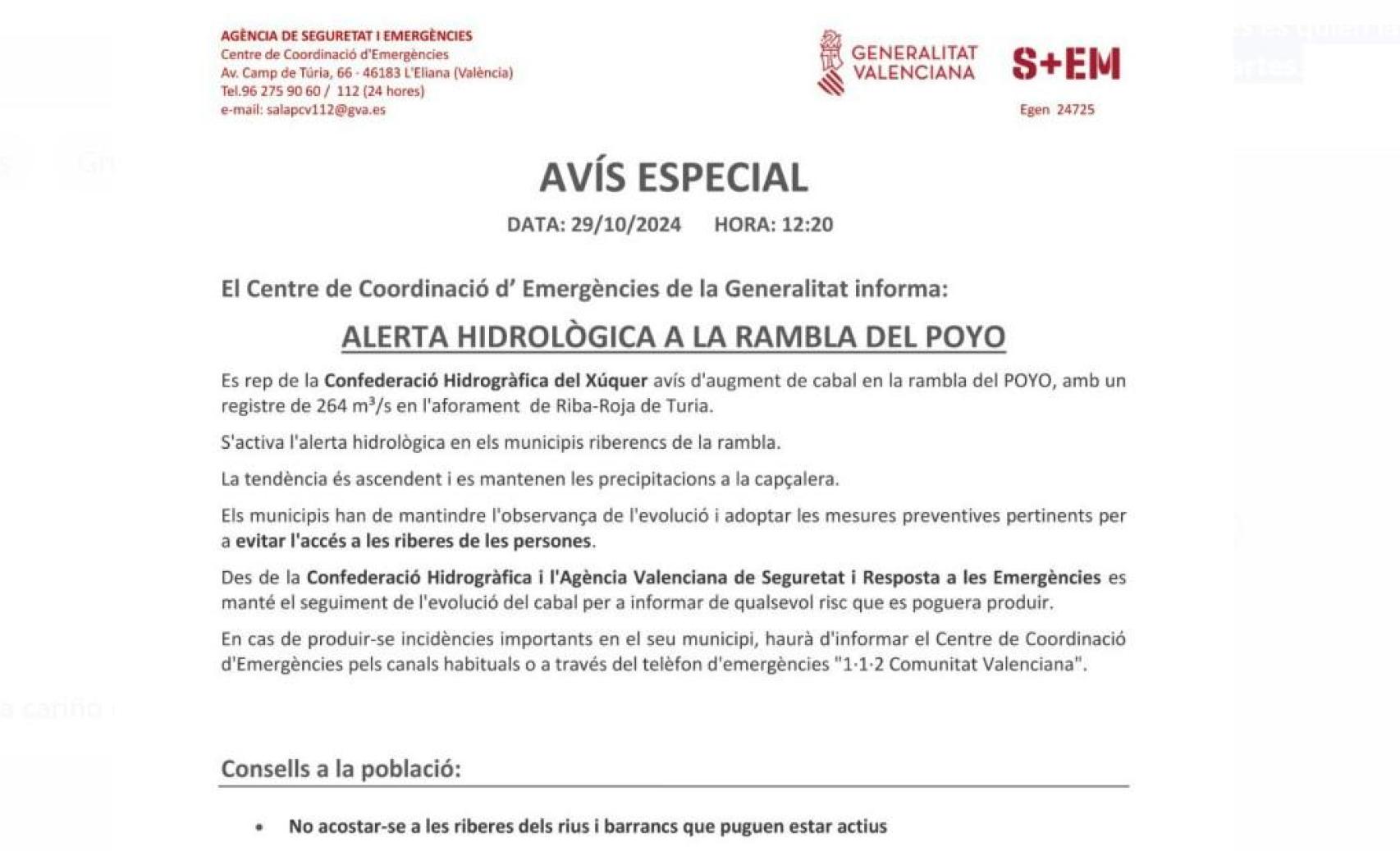 Alerta hidrológica activada por el centre de Coordinació d'Emergències de la Generalitat el pasado martes a las 12:20 horas.