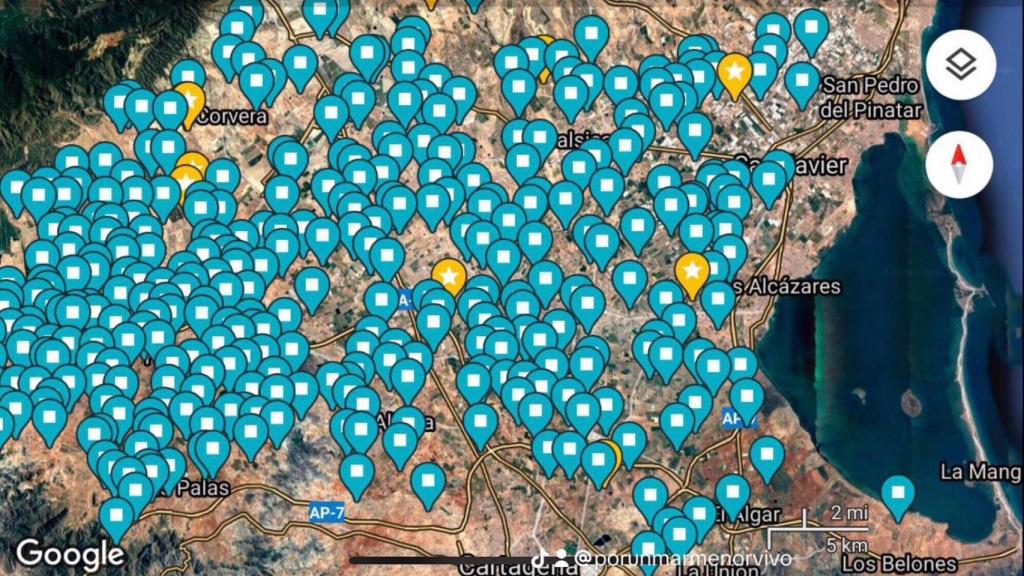 Un mapa que muestra cada una de las granjas de ganadería del sureste de la Región de Murcia.