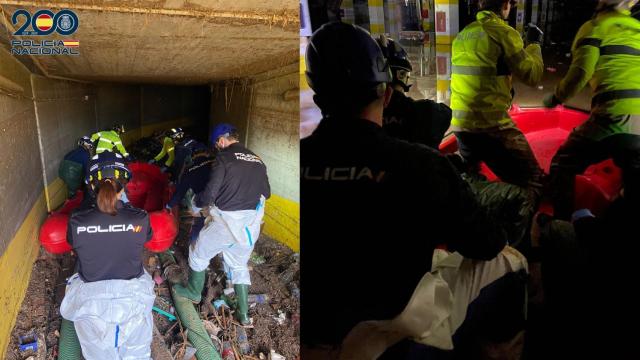 La Policía Nacional y la UME esta mañana en el apa4rcamiento valenciano.