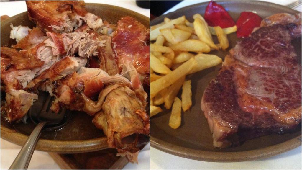 Plato de cordero asado y de chuletón del restaurante Las Cubas, en Arévalo.