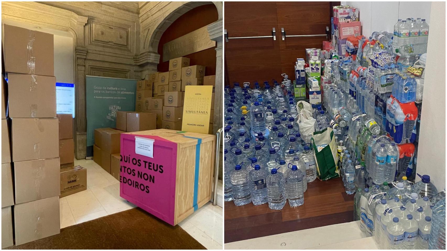 Donaciones acumuladas en la sede de Afundación en Vigo.