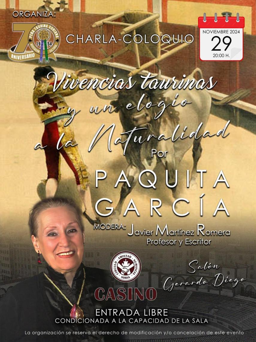 Cartel de la charla coloquio de Paquita García en Soria