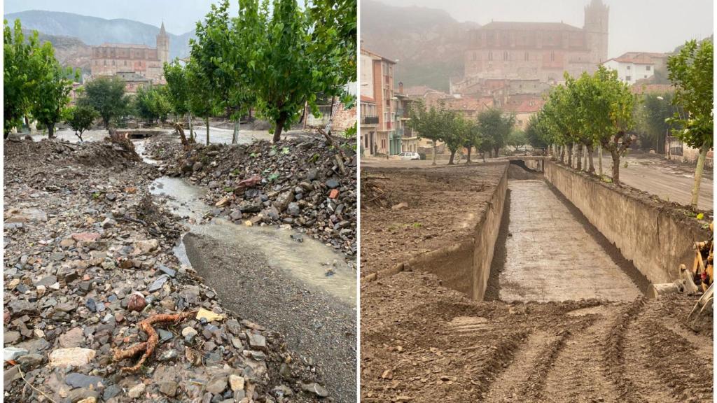 El antes y el después de los trabajos de limpieza de la rambla de Montalbán afectada por la DANA